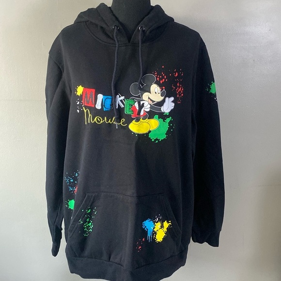 Disney Mickey Mouse Paint Splatter Black Hoodie Embroidered Lettering Sz XL - Picture 1 of 7